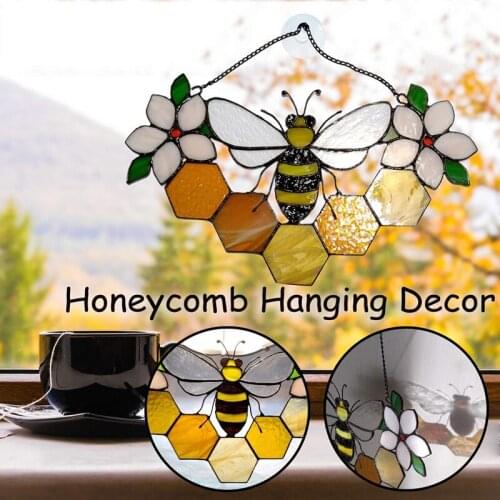 Queen & Bee Protect Honey Suncatcher Honeycomb Hanging Decor Honeybee Mosaic Window Hanging Ornament Wall Art Home Decor