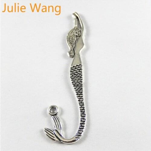 Julie Wang 10pcs Mermaid Charms Bookmarks Pendant Antique Silver Color Zinc Alloy Metal DIY Bracelet Necklace Jewelry Accessory