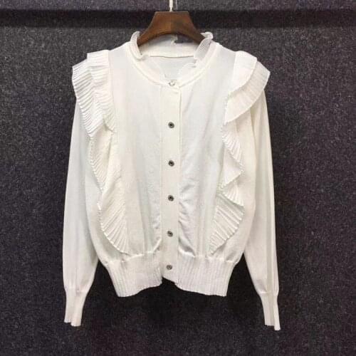 High Quality Cardigans 2021 Autumn Winter Knitwear Women Ruffle Floral Patchwork Long Sleeve Casual White Black Sweaters Outwear