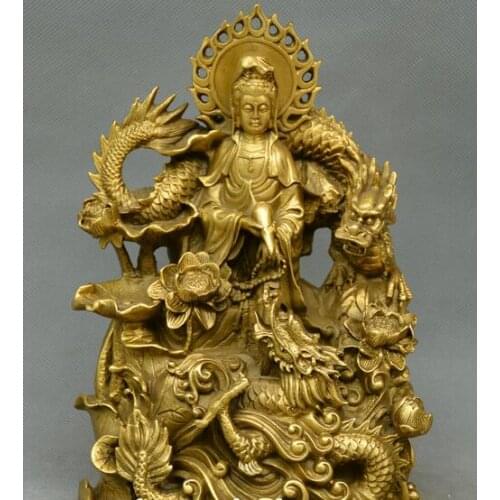 China Buddhism old Bronze Station dragon Guanyin Kwan-yin Avalokitesvara statue