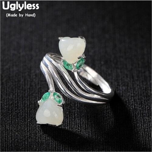 Uglyless Heart Jade Flower Rings for Women Multi-Layer Hollow Wide Open Ring Glossy 925 Sterling Silver Party Dress Jewelry R780