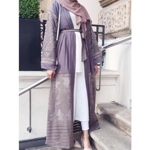 Muslim Open Abaya Embroidery Mesh Dubai Long Robe Hijab Dresss Women Caftan Lace-up Kimono Jubah Islamic Clothing Arab Outwear