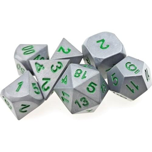 Brushed Steel with Green DND Metal Dice Standard 7 PC Set D4 D6 D8 D10 D% D12 D20 for Role Playing D&D RPG Games