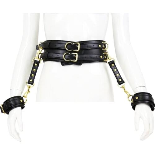 Exotic Women Punk Accessories Set of Leather Female Waist Belt with Wrist Cuffs for Arm Binder Restraint Cosplay Sexy Costumes