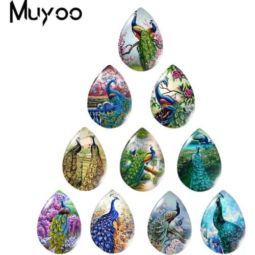 2020 New Peacock Oil Painting Tear Drop Glass Cabochon Art Picture Jewelry Handcraft DIY Accessories