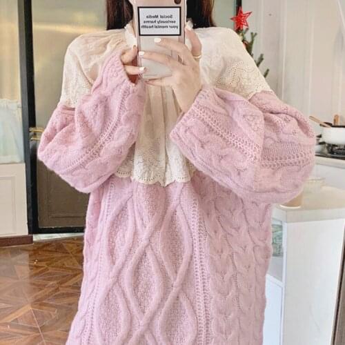 Autumn Winter Korean Chic Women Sweet Lolita Sweater Spring Harajuku Hollow Out Lace Patchwork Knitted Pullover Girl Outerwear