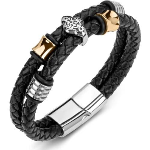 Braided Leather Rope Chain Bracelets Men Stainless Steel Magnetic Clasp Bangles Punk Jewelry Male Wristband Gift P195