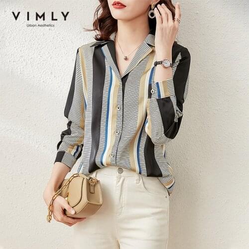 Vimly Spring Striped Shirts Women Fashion New V Neck Single Breasted Patchwork Female Blouse Elegant Office Lady Tops F6372