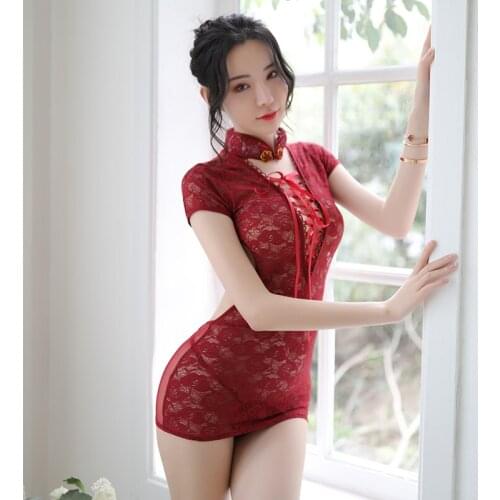 Sexy erotic lingerie female ultra short Chinese style straps hips slim slimming sleepwear nightdress set