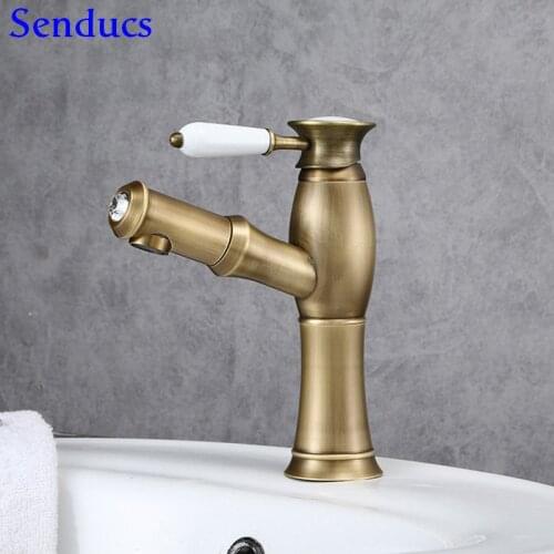 Senducs Antique Pull Out Bathroom Basin Faucect Hot Cold Brass Basin Sink Faucet Newly Copper Pull Down Antique Basin Tap