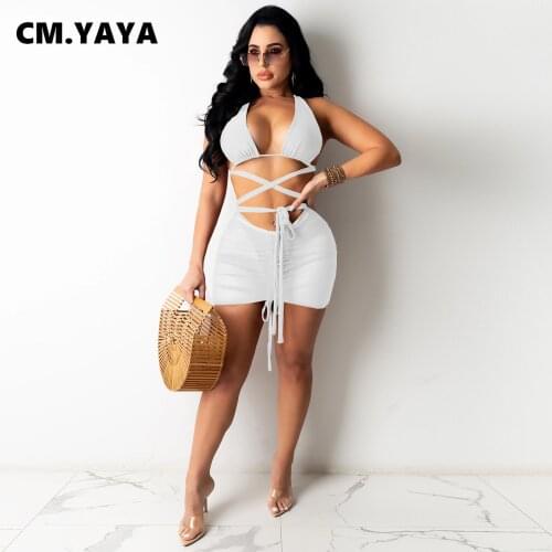 CM.YAYA Mesh See Though Bikinis Set with Mini Midi Skirts Matching Three 3 Piece Set Beach Sexy Swimwear Outfits