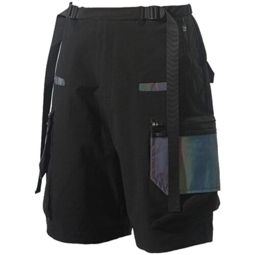 PUPIL TRAVEL PT-1912 Techwear Mens Reflective Drawcord Waist Cargo Shorts Hip Hop Style Punk Fashion