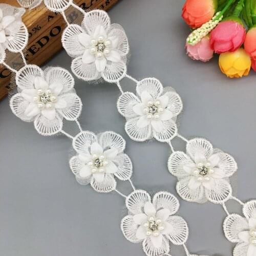 2 Yard Pearl Flower 3-layer 3D Diamond French Lace Fabric Trim Embroidered Applique Warp Wedding Dress Sewing Craft Accessories