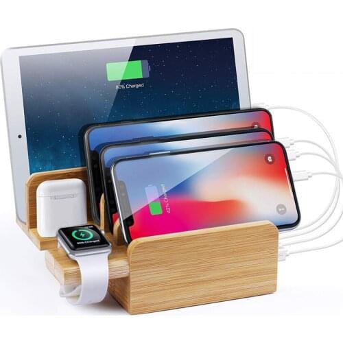 6 Ports USB Charger Mobile Phone Holder, UK/US/EU Plug Tablet Charging Brackets Stand, Bamboo Holders For Phone Smart Watch