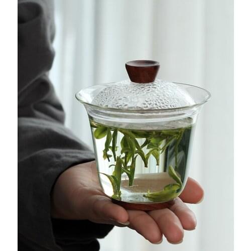 Green tea by hand more transparent tureen heat-resistant glass cups wooden bottom kung fu tea tea set the iron bowl