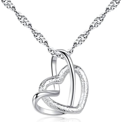 Hot Double Heart Pendant & Necklace Women Water-wave Chain Silver Color Frosted Surface Fashion Jewelry Valentine Gift