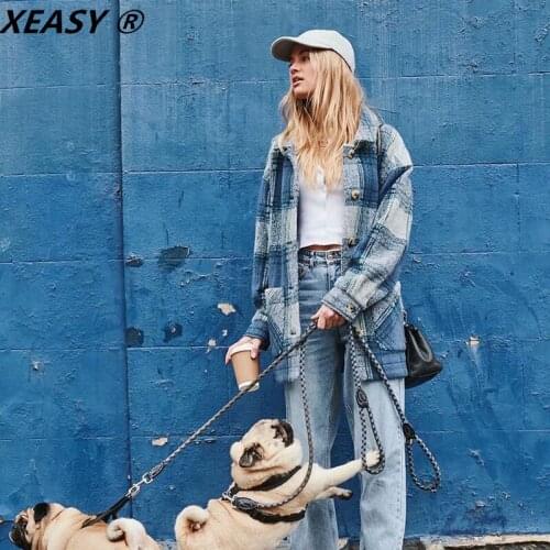 XEASY 2021 Women Oversized Plaid Woolen Shirt Jacket Vintage Lapel Single-Breasted Loose Female Autumn British Style Outerwear