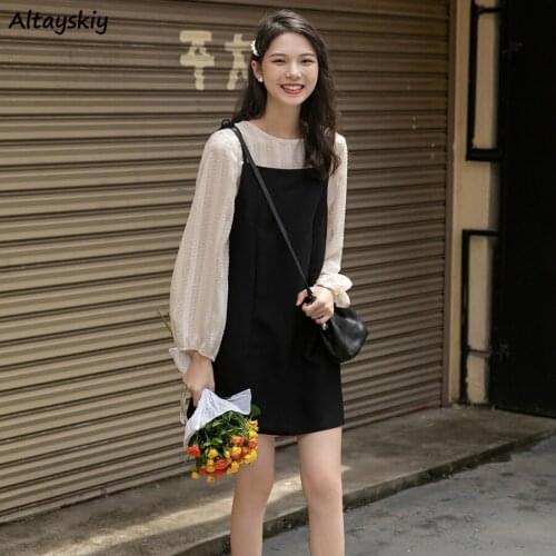 Dress Sets Women Simple White Lantern Sleeve O-neck Folds Fresh Female Tops Black Mini Lovely Bandage Sundress Streetwear Fairy