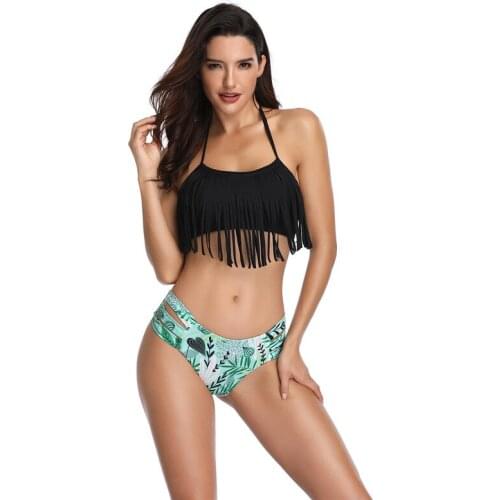 Women Swimsuit High Waist Tassel Bikini Set Halter Ladies Swimming Costume Beach Bathing Swimwear