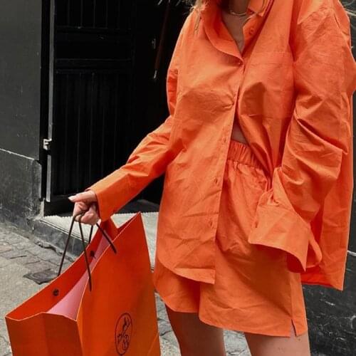 Oversized Solid Short Set Long Sleeve Button Blouse High Waist Short 2021 Summer Fashion Casual Y2k Loose Streetwear Tracksuit