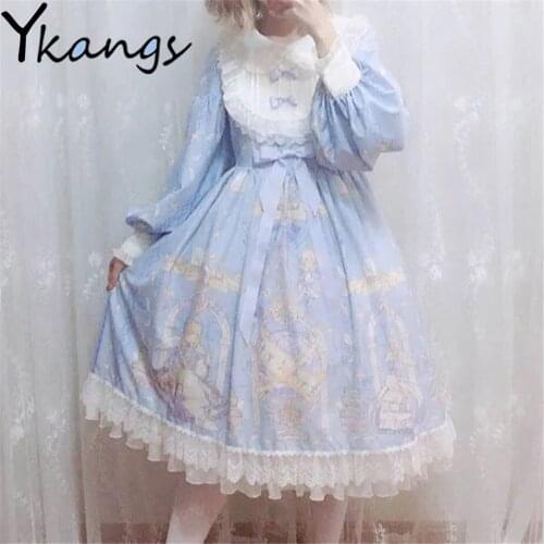 Vintage Printing Sweet Cute Lolita Long Sleeve Lace Ruffles Dresses 2021Summer New Japanese Style Blue Elegant WomenS Clothing
