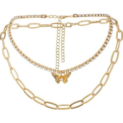 Women Girls Layer Necklace Set Thick Rhinestone Butterfly Pendant Choker Necklace Chain Necklace Jewelry Accessories