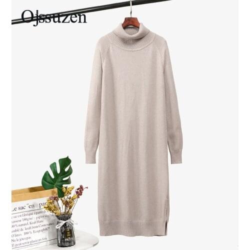 Winter Turtleneck Womens Warm Sweater Dress Long Black Split Oversize Knit Dresses Sweaters Female Clothing Loose Soft Ladies