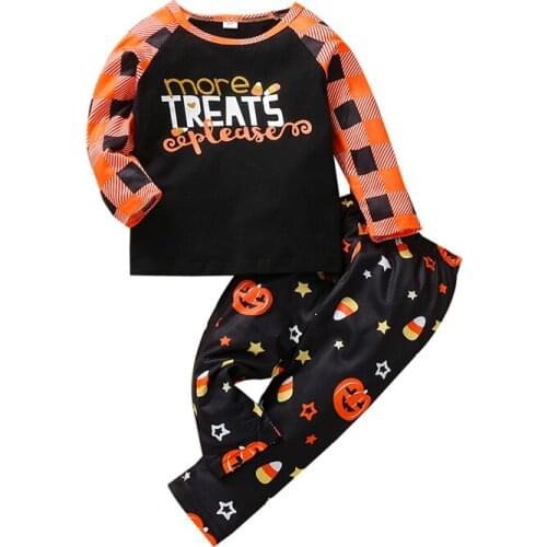1-5Years 2Pieces Kids Suit Set Halloween Letter Print O-Neck Long Sleeve Tops Star Print Long Pants for Toddler Infant Autumn