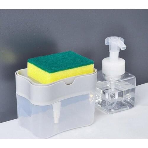 2-in-1 Sponge Rack And Soap Dispenser Sponge Caddy Organiser Holder Home Kitchen Sponge Dispenser Manual Liquid Soap Dispenser