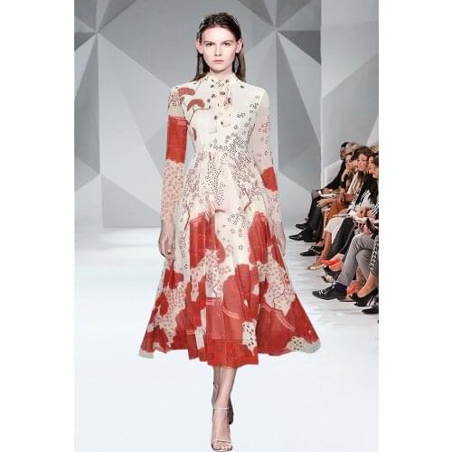 2021 Autumn Winter Catwalk Show Long Sleeve Printed Dress 4M Large Swing Dress Office Lady Chinese Fashion Dresses Women Party