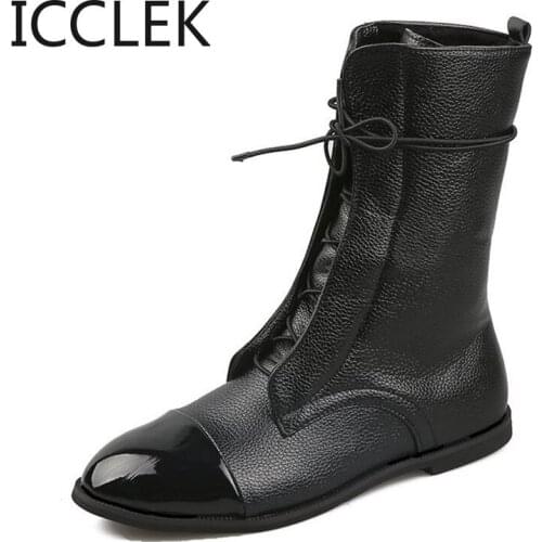 Black Platform Boots Womens Boots Winter Leather Boots Lace-up Ankle Boots Motorcycle Thick Heeled Platform Low Heeled Shoes