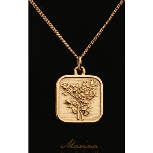CHUANGU 925 Silver Gold Rose Pendant Retro Square Brand Necklace Double-sided Relief Wool Necklace Womens Gift letter necklace