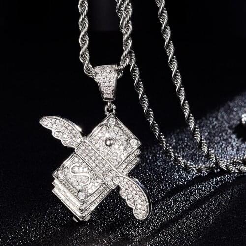 D&Z Iced Out Flying Cash Solid Back Pendant & Necklace AAA+ Bling CZ Stone Hip Hop Gold Silver Color Charm Chains Jewelry Gifts