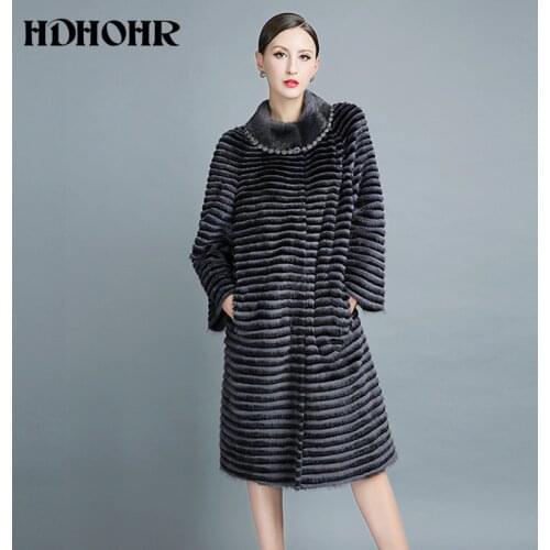 HDHOHR 2021 New Real Fur Coat Natural Mink Fur Coats With Diamond Genuine Leather Strip Long Jacket Lady Fashion Silm Fur Coat