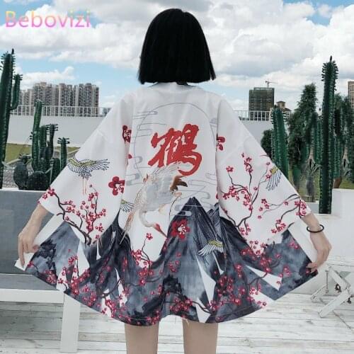 INS White Black Fairy Crane Chinese Street Style Harajuku Japanese Fashion Kimono Women Cardigan Blouse Beach Clothes Samurai
