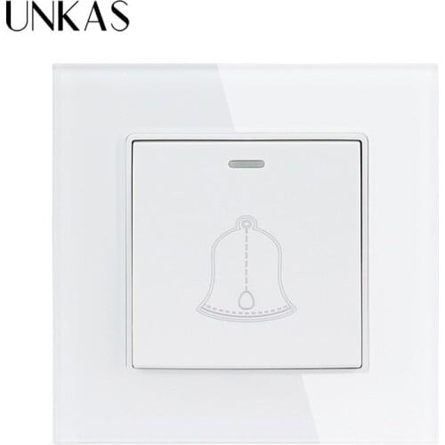 UNKAS 1 Gang Push Button Wall Switch Interruptor 16A Doorbell Switch Luxury Crystal Tempered Glass Panel
