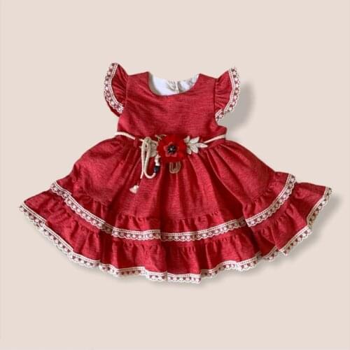 Female Child Red Two Layers Frilly Mealy Dress Button Standard Moon Trend Round Neck Cotton Piliseli Short