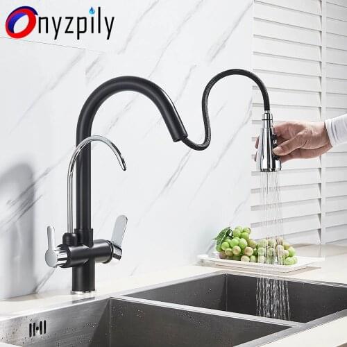Onyzpily Matte Black Filtered Crane For Kitchen Pull Out Spray 360 Rotation Water Filter Tap Dual Water Modes Sink Kitchen Fauce