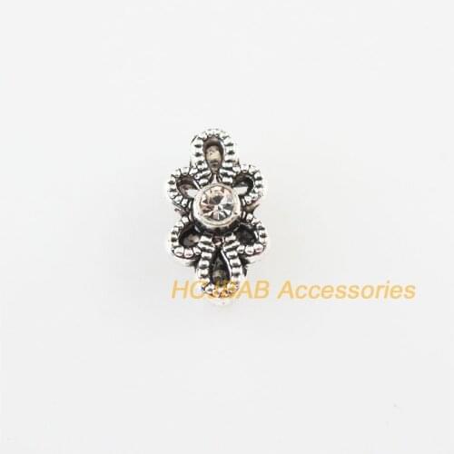 Fashion 40 New Tiny Flower Charms Tibetan Silver Tone Clear Crystal Spacer Beads 6.5x11mm