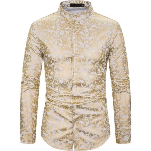 White Rose Bronzing Mandarin Collar Shirt Men 2020 Brand Slim Fit Long Sleeve Mens Dress Shirts Wedding Nightclub Wear Shirts