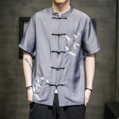 2021 Chinese Style Men Shirt Button Stand Collar Short Sleeve Casual Loose Tops Ice Silk Vintage Tang Suit Shirts Men 30373