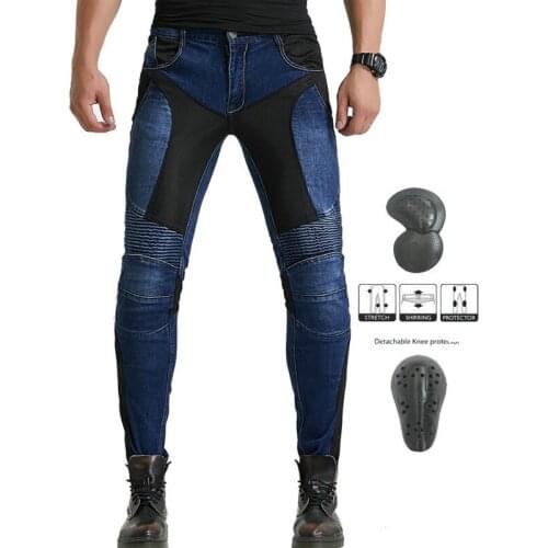 Mens Motorcycle Pants Stitched Style Denim & PU Summer Tights Motorcycle Pants Jeans Protective Equipment Cycling Pants