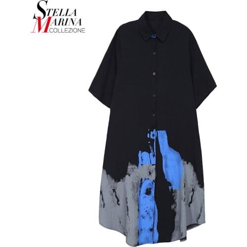 * New 2021 Plus Size Straight Vintage Painting Style Woman Summer Black White Shirt Dress Midi Ladies Retro Robe Femme MJ1349