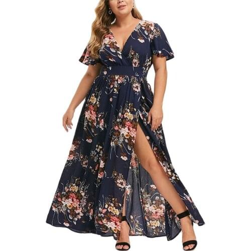 2021 New Fashion Sexy Youth Popular Large Size Female Fat Girl Printed Slit Hem Dress V Neck Fresh and Sweet Robe Longue Femme