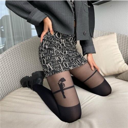 2021 New Spring Women Fake Thigh High Dark Gothic Black Silk Sexy Cool Unique Pattern Tights Stockings Pantyhose