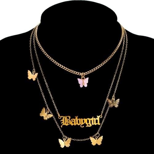 Caraquet Boho Multi Layer Babygirl letters Pendant Necklace For Women Acrylic Butterfly Choker Necklace Personality Jewelry Gift