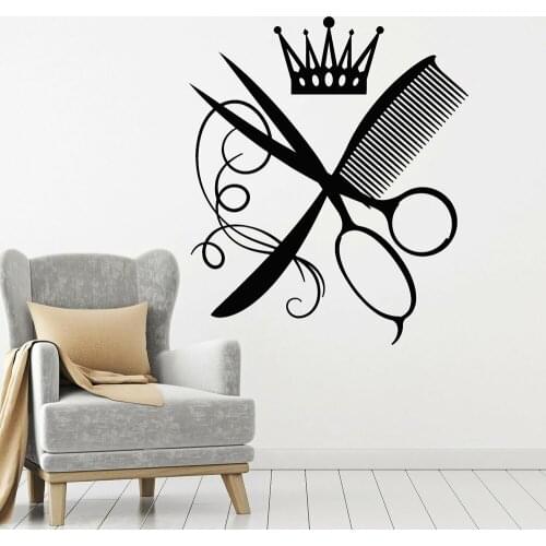 Barber Shop Wall Decal Comb Scissors Crown Hairdresser Beauty Salon Wall Stickers Vinyl Hair Salon Decoration Accessories X995