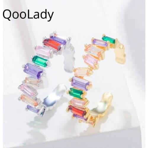 QooLady Adjustable Size Sparkly Baguette Gold Cubic Zirconia Stone Fashion Rainbow Multicolor Ring for Women Gift F017