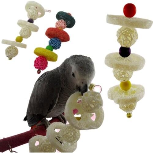 Colorful Loofah Sepak Takraw Parrot Pet Bird Station Rack Bites Chew on Hanging Toys With Bells Swing Toys Birds Stand Hanger