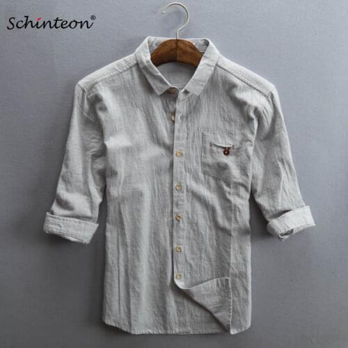 Schinteon Plus Size Comfortable Spring Summer Men Linen Shirt Three Quarter Sleeved Casual Thin Slim Shirts Turn-Down Collar